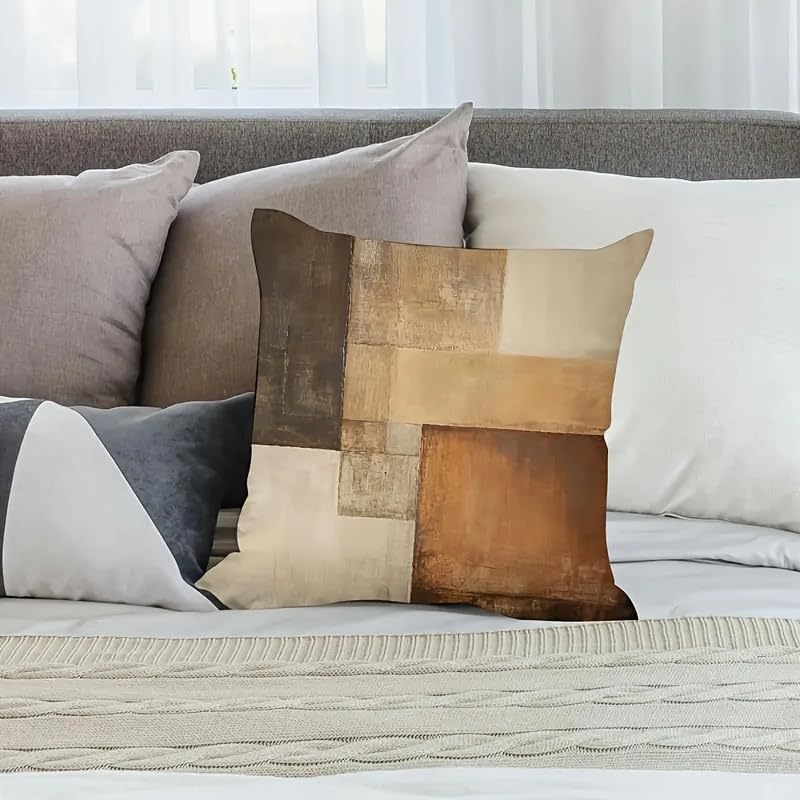 Decorative Throw Pillow Covers, Modern Abstract Brown Geometric Pattern, Set of 2，18x18 Pillows Linen Pillowcase，Modern Decorative Square Pillowcases for Sofa Couch Bedroom Living Room Car