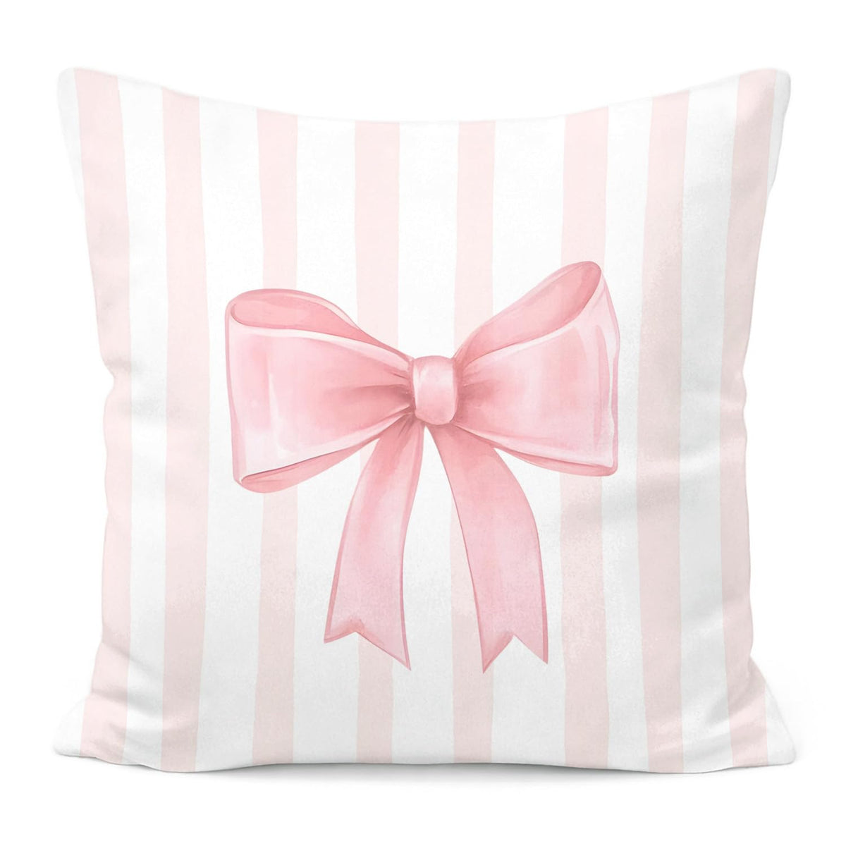 Pink Bow Decorative Throw Pillow 18x18 Inch – Cute Blush Pink Striped Pillow Cover for Girls Room, Baby Nursery, Sofa or Bedroom Decor