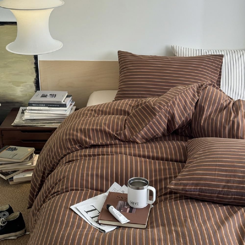 Duvet Cover Set Queen Size Brown Striped Bedding Set for Girls Boys