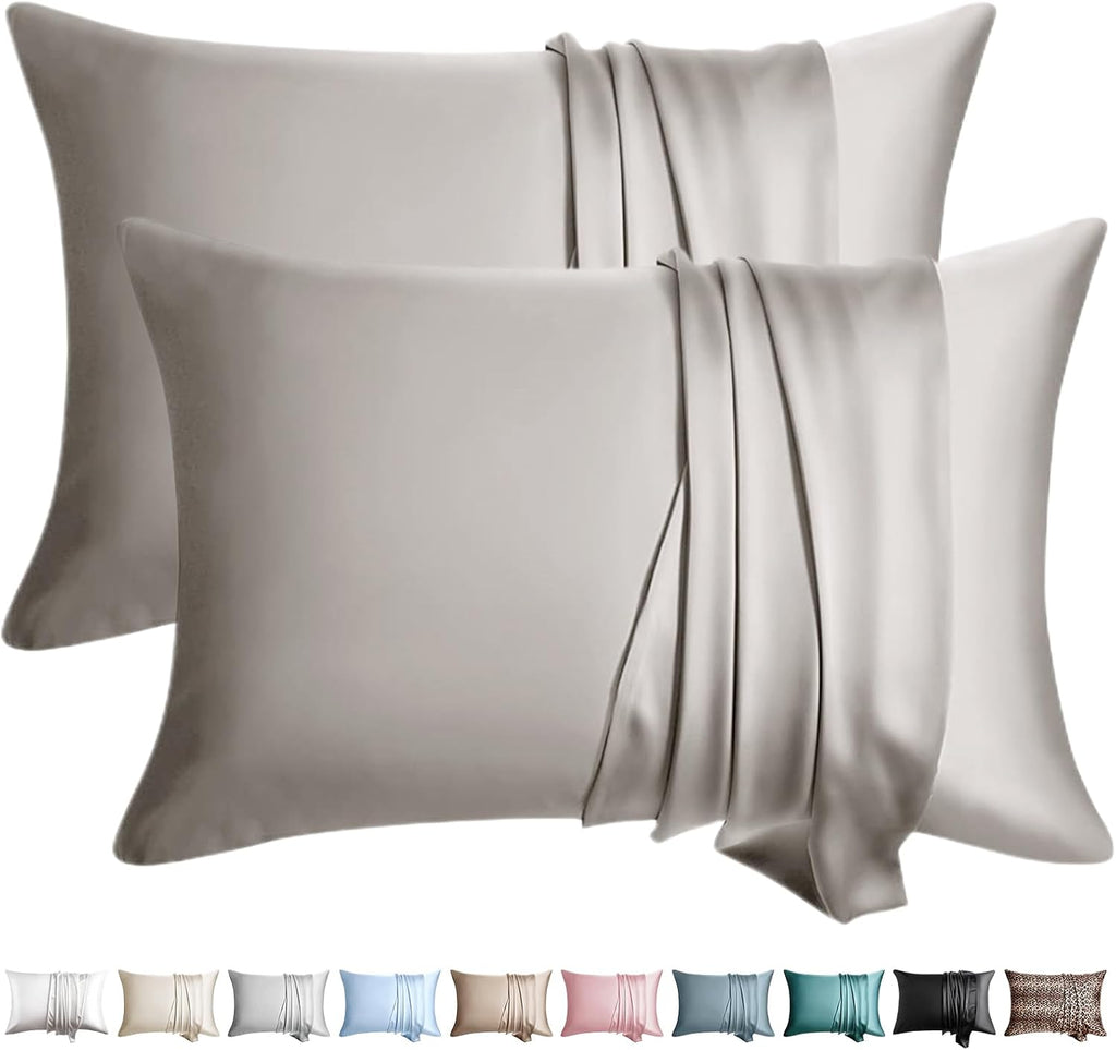 100% Silk Pillow Cases 2 Pack Queen Size Mulberry Silk Pillowcase for Hair and Skin Set of 2 Highest Grade 6A Silk Soft Breathable Cooling with Hidden Zipper, Grey