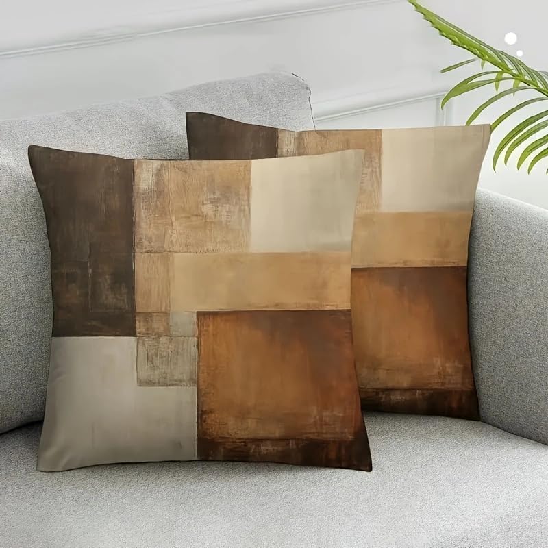 Decorative Throw Pillow Covers, Modern Abstract Brown Geometric Pattern, Set of 2，18x18 Pillows Linen Pillowcase，Modern Decorative Square Pillowcases for Sofa Couch Bedroom Living Room Car