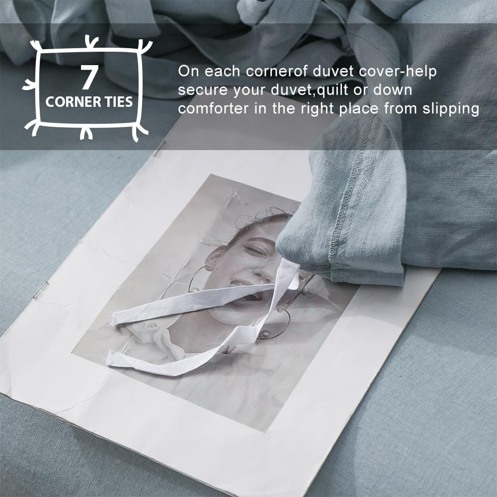 Simple&Opulence 100% Linen Duvet Cover Set, 3 Pieces Belgian Flax Breathable Bedding, King Size 104''x92'' (1 Comforter Cover+2 Pillowshams) with Tie Closure Style,Dusty Blue
