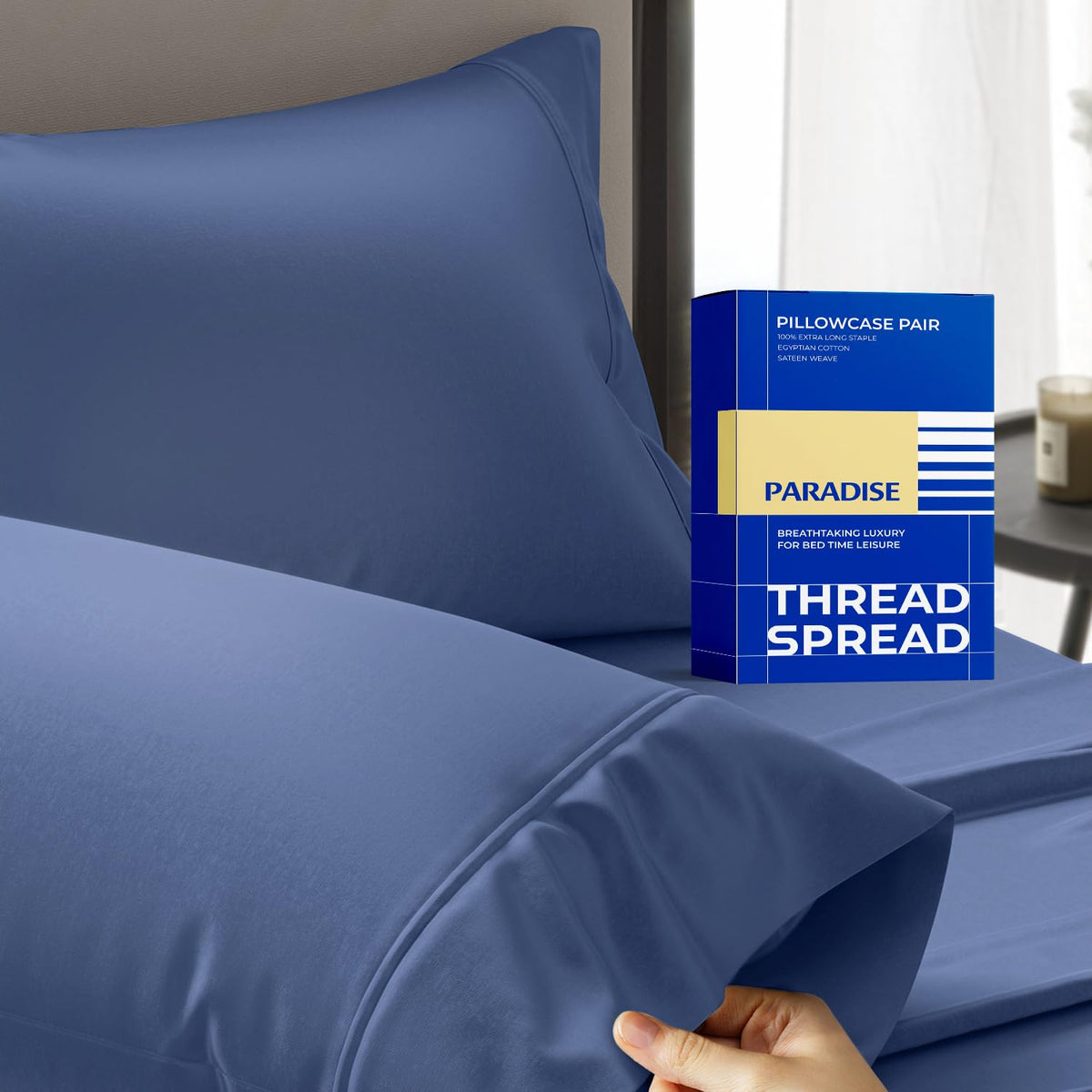 Thread Spread 100% Egyptian Cotton Pillow Cases Queen Size Set of 2 - Luxury 1000 Series Paradise Collection Queen Pillow Cases (White), Soft Cooling Sateen Hotel Egyptian Cotton Pillowcases