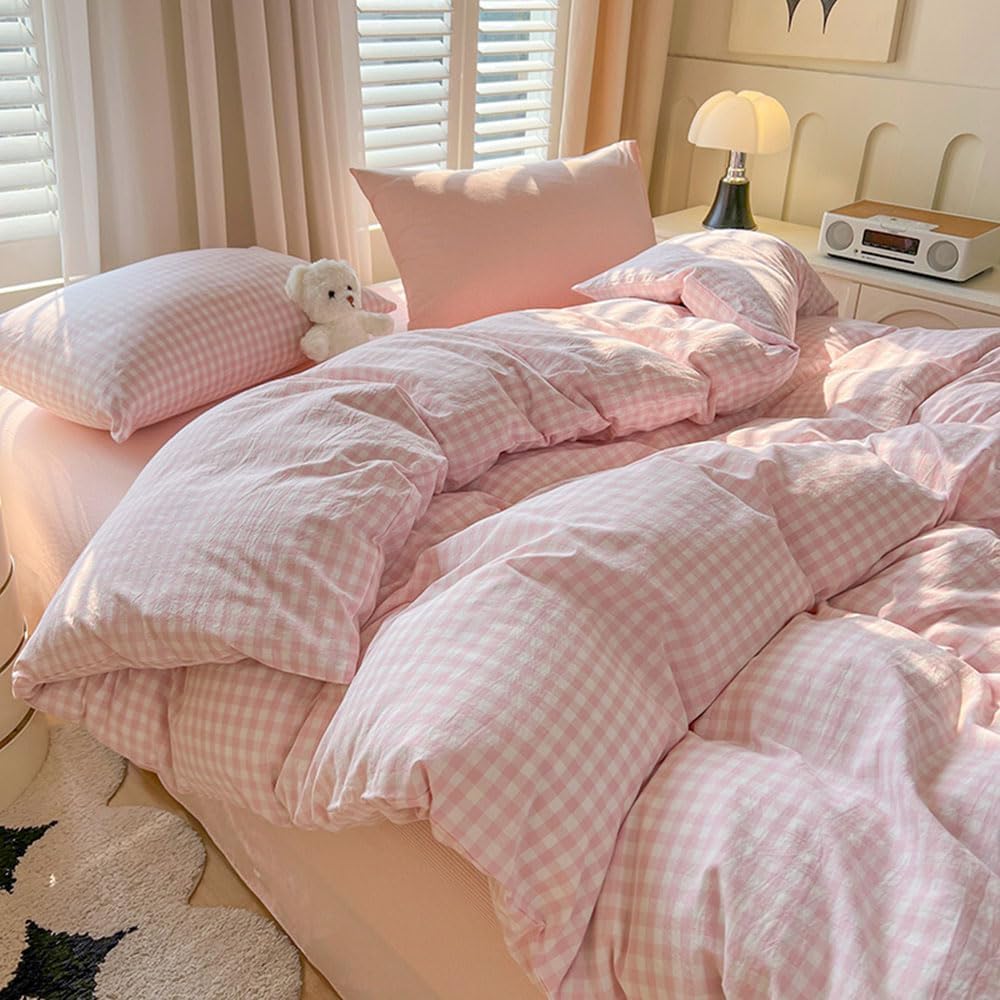 Nayoroom Gingham Duvet Cover Set Queen Pink White Plaid Checkered Bedding