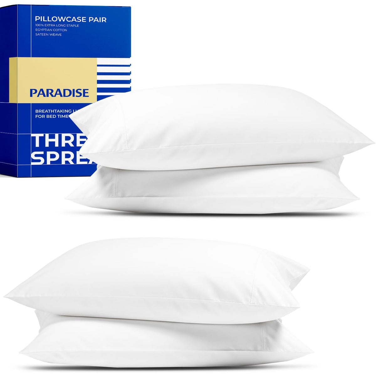 Thread Spread 100% Egyptian Cotton Pillow Cases Queen Size Set of 2 - Luxury 1000 Series Paradise Collection Queen Pillow Cases (White), Soft Cooling Sateen Hotel Egyptian Cotton Pillowcases