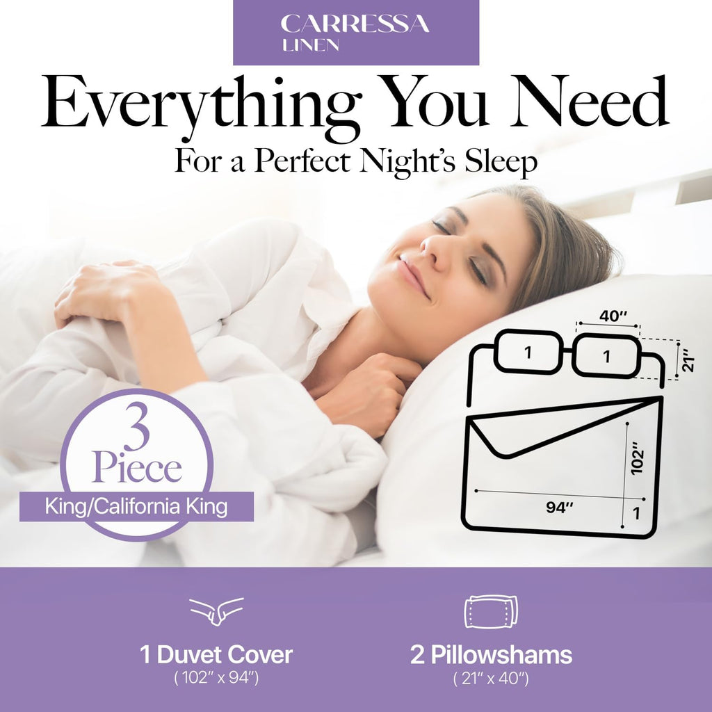 Carressa Linen King Duvet Cover - 100% Egyptian Cotton 600 Series King Size Cotton Duvet Cover (3 PC, White), Soft Cooling, Sateen Weave Comforter Protector, Hidden Zipper Closure & 7 Corner Ties