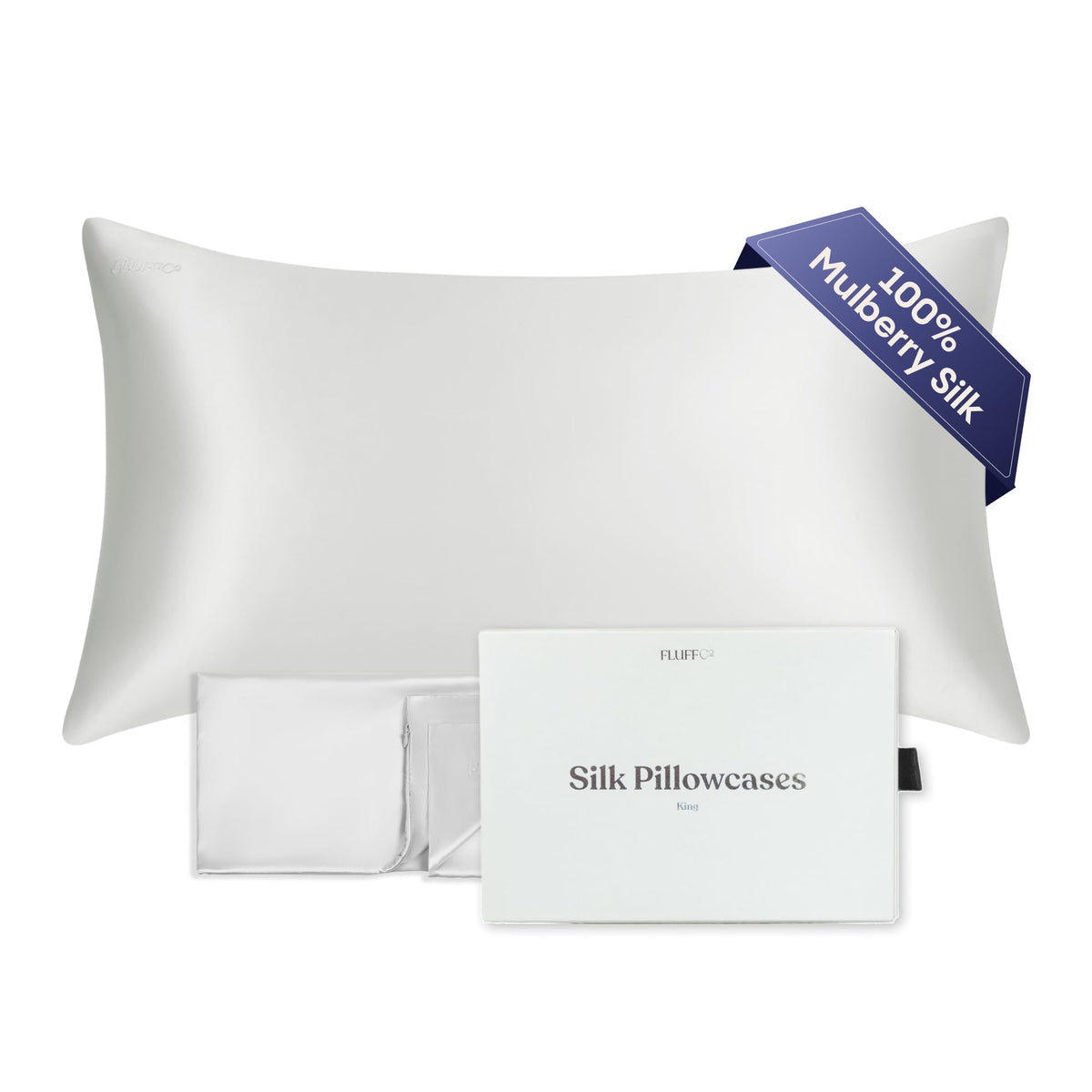 FluffCo 100% Pure Mulberry Silk Pillowcase - Queen 20 x 30 in, Silver