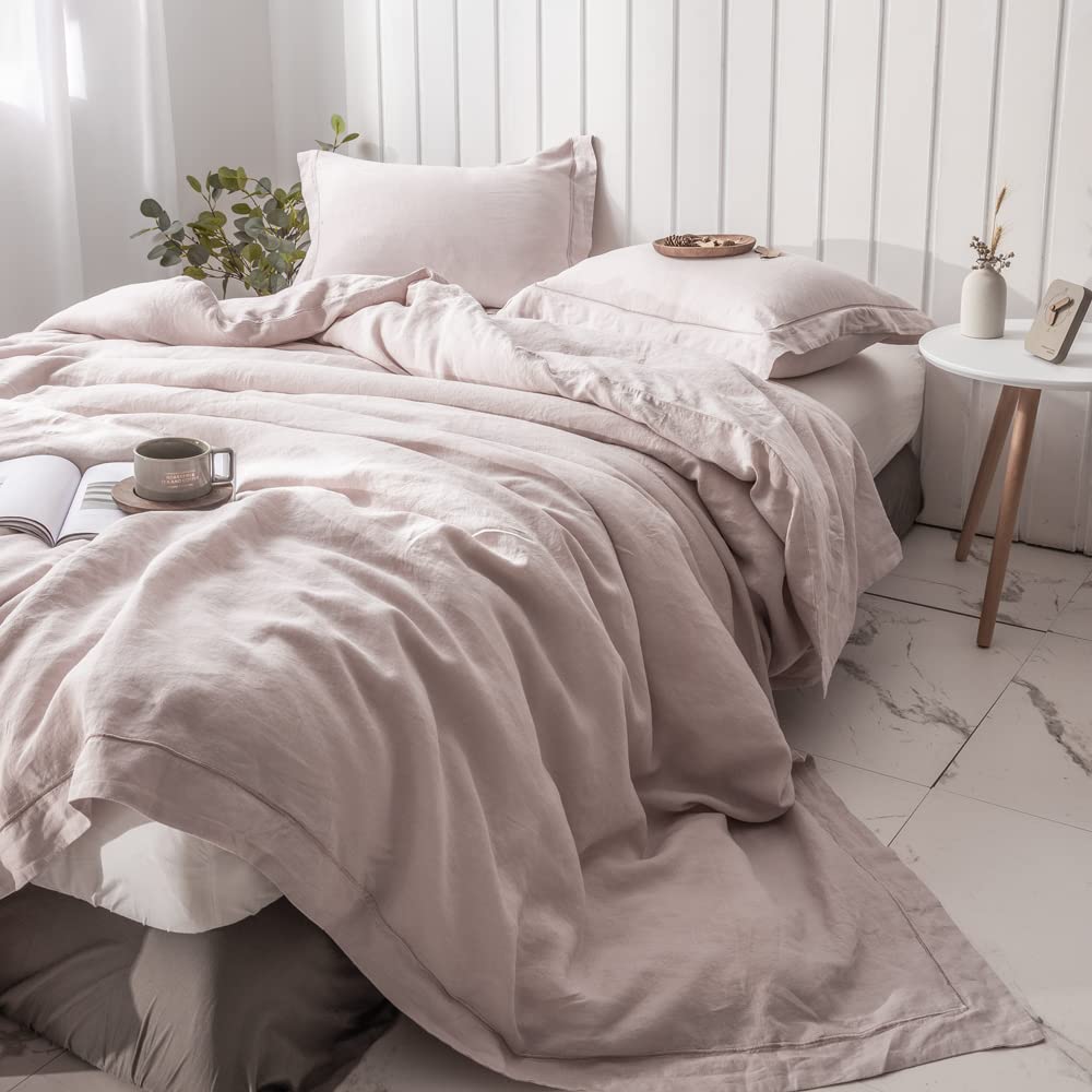 Simple&Opulence 100% French Linen Duvet Cover Set with Embroidered,3 Pcs Washed Soft Farmhouse Bedding Set with Button Closure,1 Comforter Cover and 2 Pillowshams(King,Natural Linen)