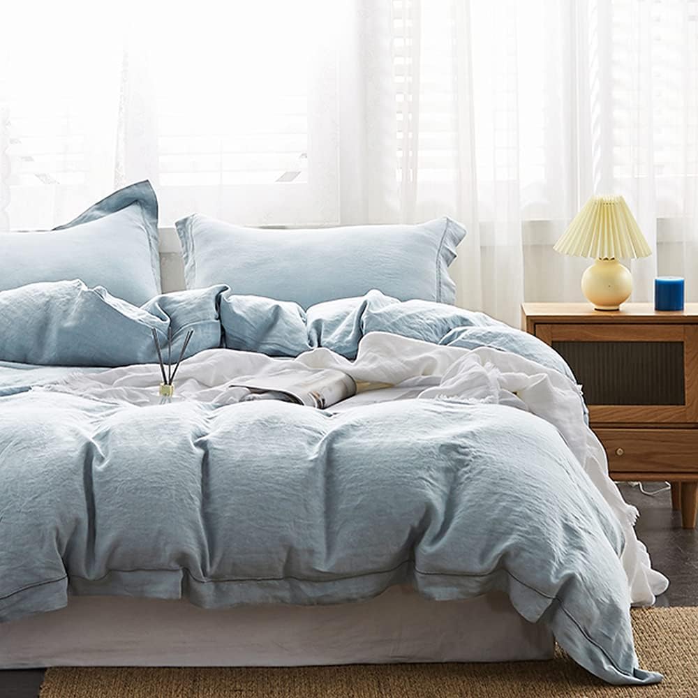 Simple&Opulence 100% French Linen Duvet Cover Set with Embroidered,3 Pcs Washed Soft Farmhouse Bedding Set with Button Closure,1 Comforter Cover and 2 Pillowshams(King,Natural Linen)