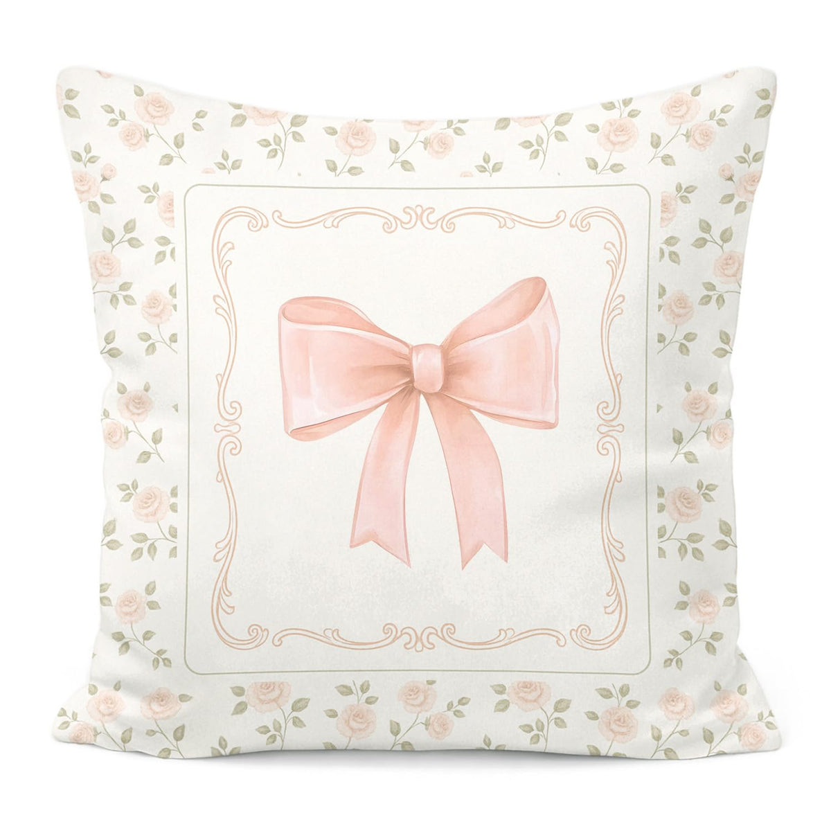 Pink Bow Decorative Throw Pillow 18x18 Inch – Cute Blush Pink Striped Pillow Cover for Girls Room, Baby Nursery, Sofa or Bedroom Decor