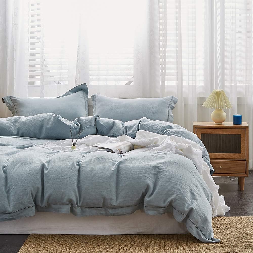 Simple&Opulence 100% French Flax Linen Duvet Cover Set with Embroidery Washed - 3 Pieces (1 Duvet Cover with 2 Pillow Shams) with Button Closure Soft Breathable Farmhouse - Linen, King Size