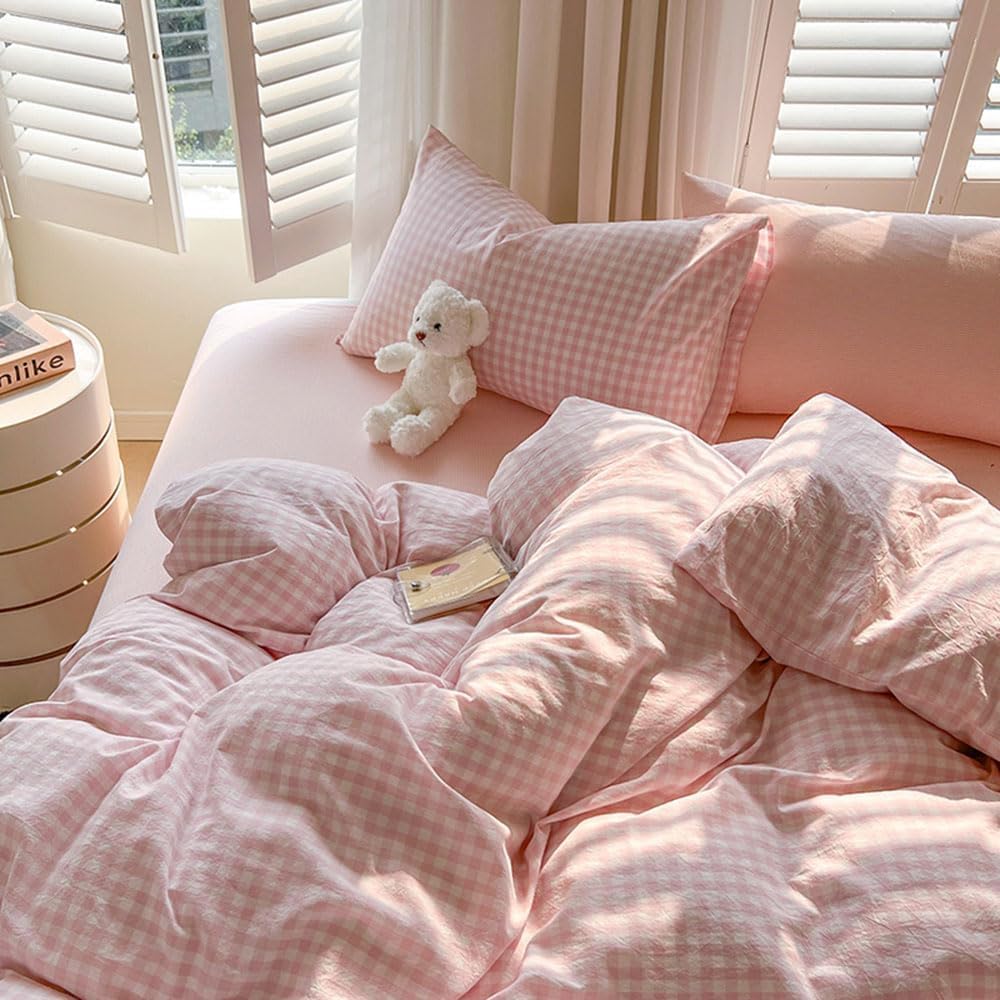 Nayoroom Gingham Duvet Cover Set Queen Pink White Plaid Checkered Bedding