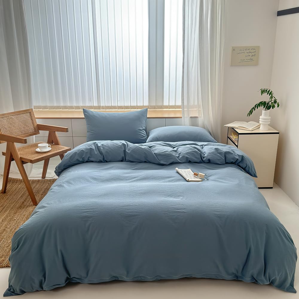 FACE TWO FACE Bedding Duvet Cover Set100% Washed Cotton Duvet Cover Linen Like Textured Breathable Durable Soft Comfy (Full, White)