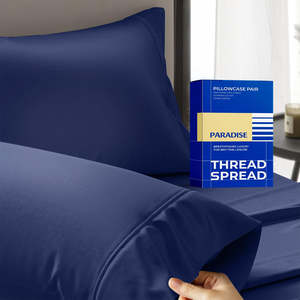 Thread Spread 100% Egyptian Cotton Pillow Cases Queen Size Set of 2 - Luxury 1000 Series Paradise Collection Queen Pillow Cases (White), Soft Cooling Sateen Hotel Egyptian Cotton Pillowcases