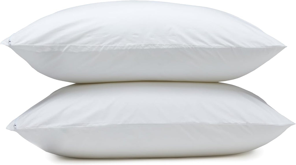 Amazon Basics Down Alternative Bed Pillows and Pillow Protector Case Set, Medium Density, Standard Size 26" x 20", Hypoallergenic, Microfiber, Washable, White, 2-Pack