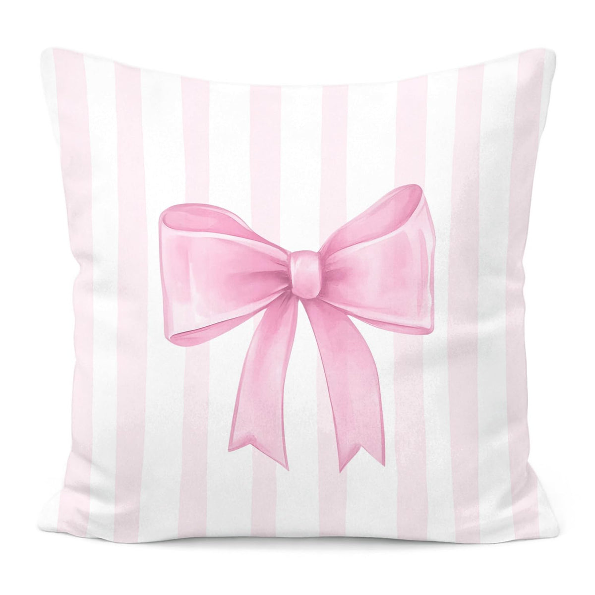 Pink Bow Decorative Throw Pillow 18x18 Inch – Cute Blush Pink Striped Pillow Cover for Girls Room, Baby Nursery, Sofa or Bedroom Decor