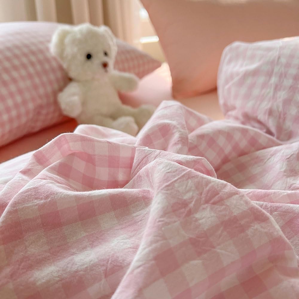 Nayoroom Gingham Duvet Cover Set Queen Pink White Plaid Checkered Bedding