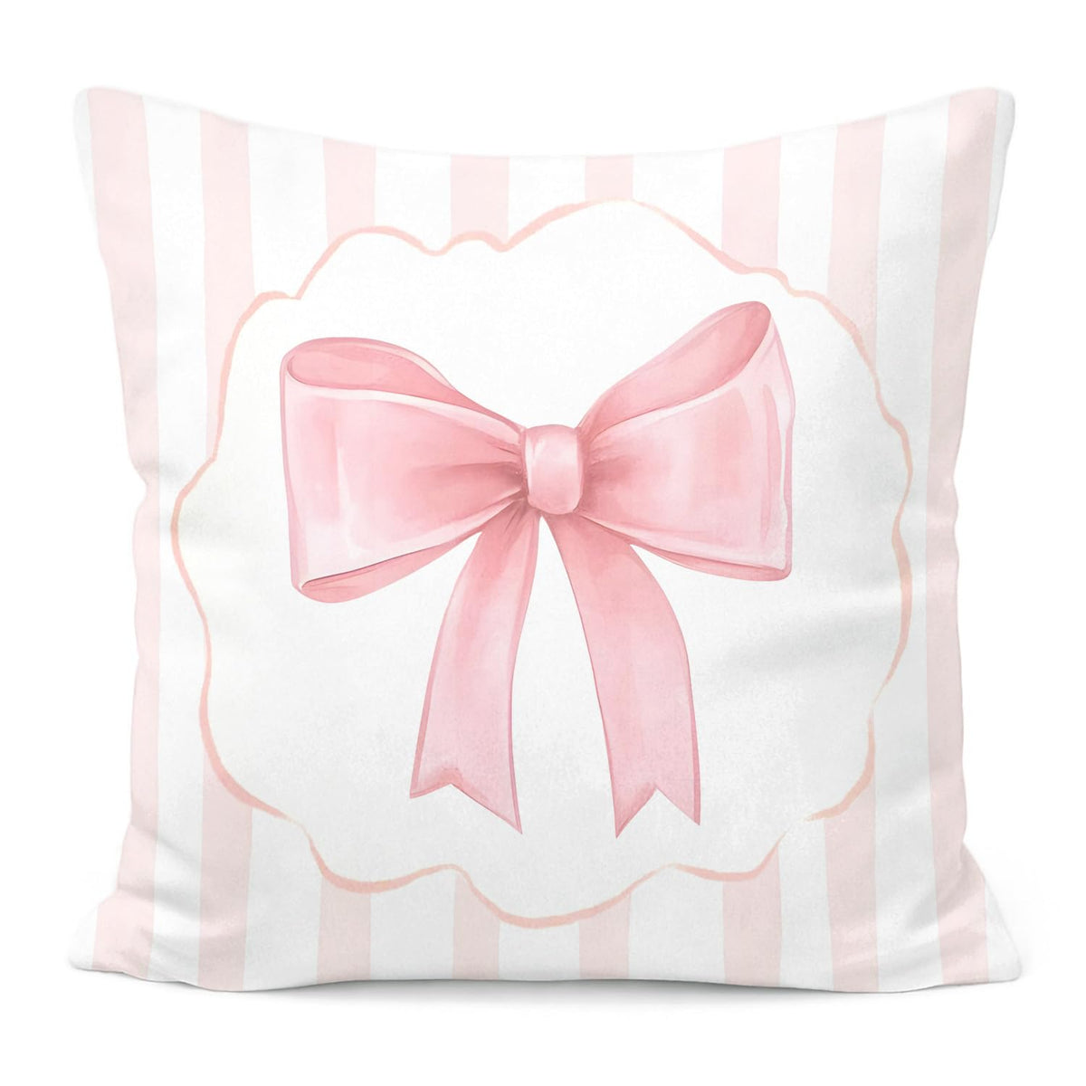 Pink Bow Decorative Throw Pillow 18x18 Inch – Cute Blush Pink Striped Pillow Cover for Girls Room, Baby Nursery, Sofa or Bedroom Decor