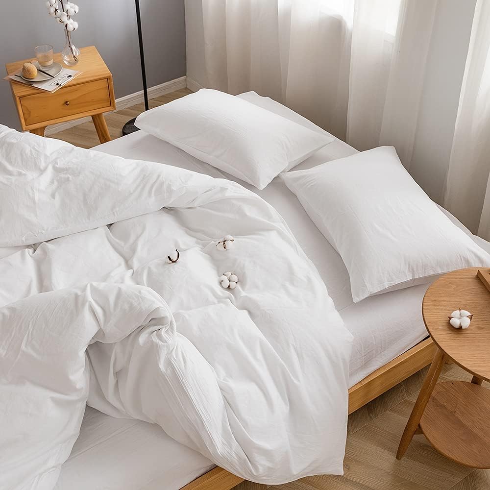 FACE TWO FACE Bedding Duvet Cover Set100% Washed Cotton Duvet Cover Linen Like Textured Breathable Durable Soft Comfy (Full, White)