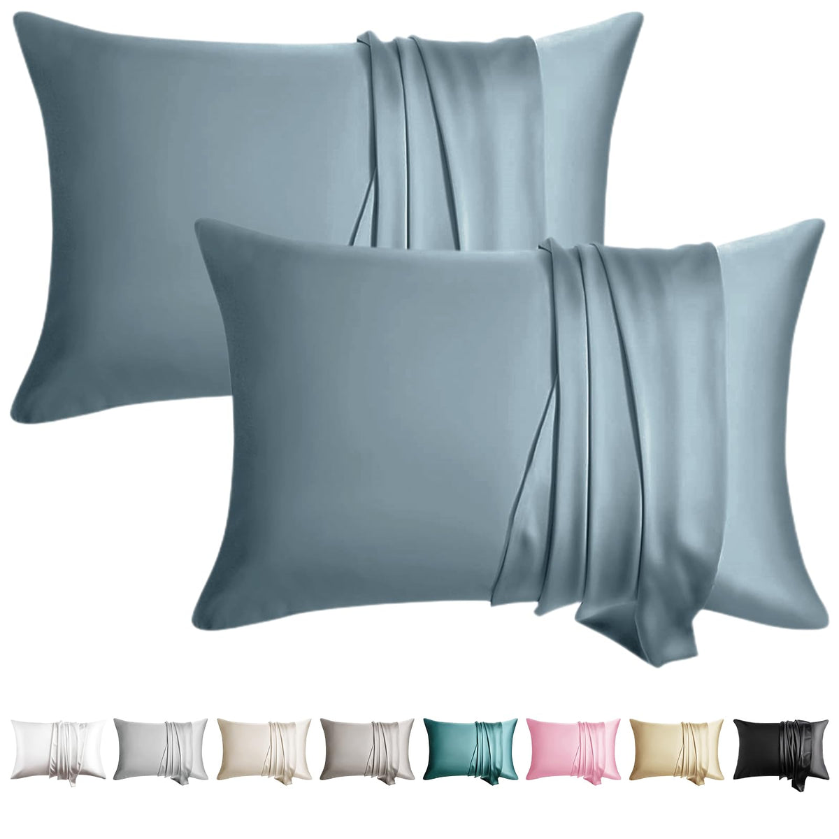 100% Silk Pillow Cases 2 Pack Queen Size Mulberry Silk Pillowcase for Hair and Skin Set of 2 Highest Grade 6A Silk Soft Breathable Cooling with Hidden Zipper, Grey