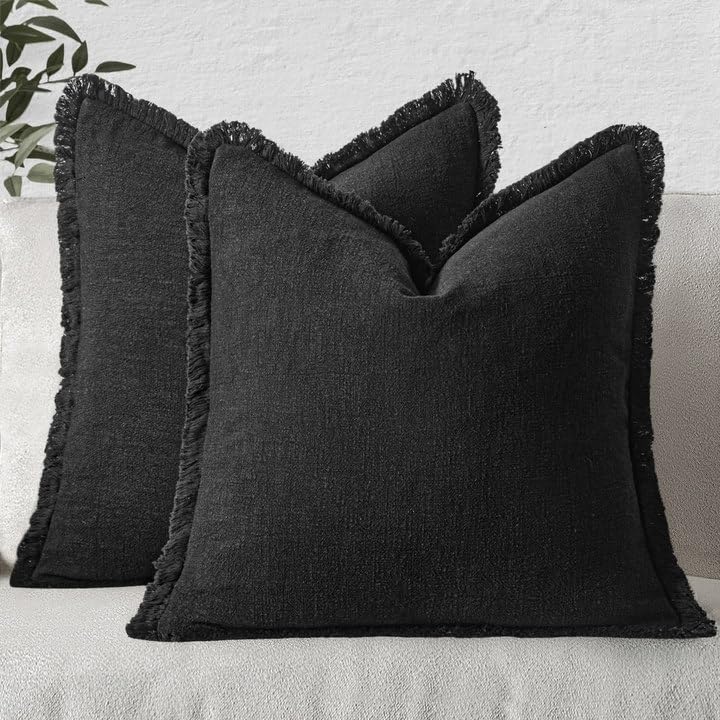MIULEE Boho Linen Fringe Decorative Throw Pillow Covers Olive Green 20x20