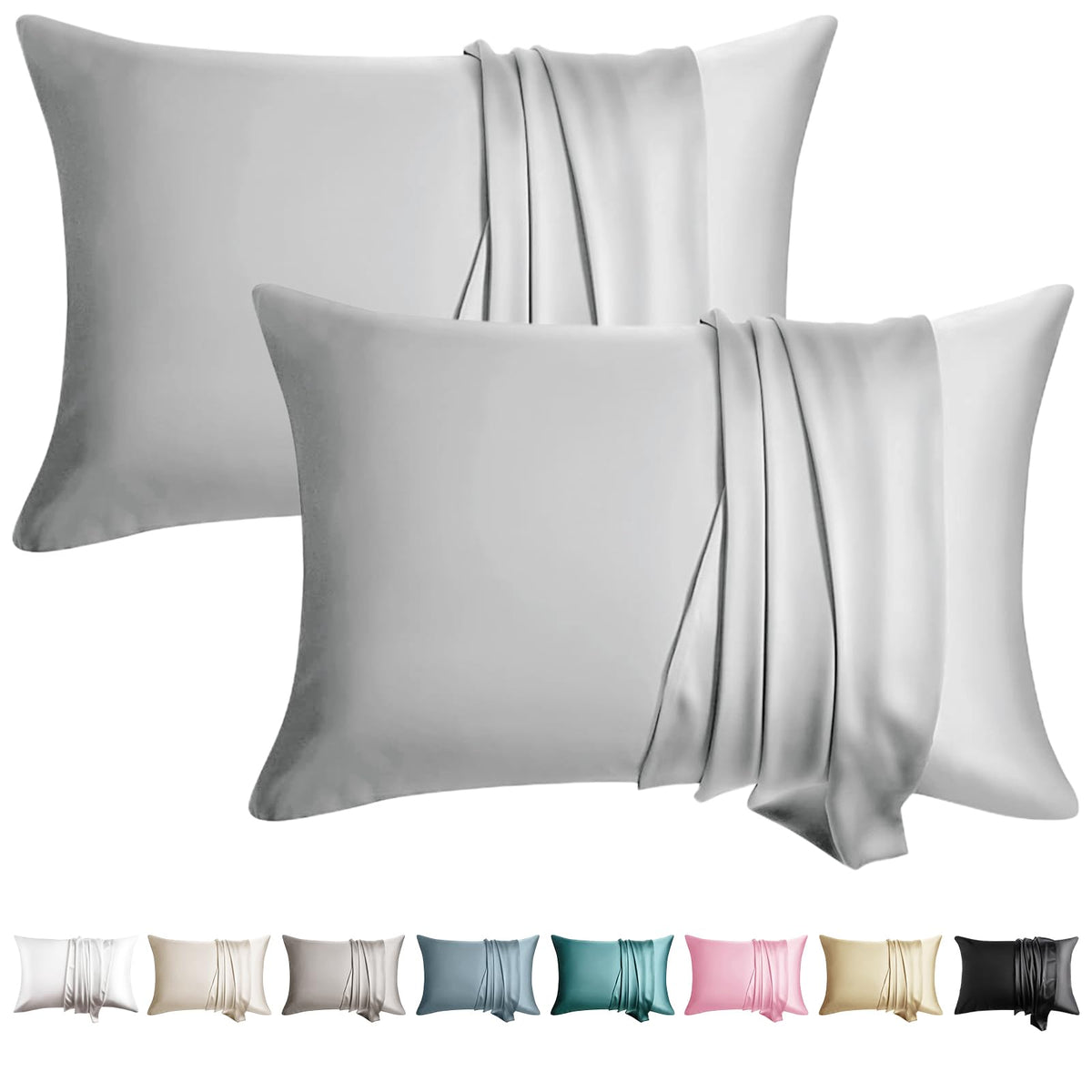 100% Silk Pillow Cases 2 Pack Queen Size Mulberry Silk Pillowcase for Hair and Skin Set of 2 Highest Grade 6A Silk Soft Breathable Cooling with Hidden Zipper, Grey