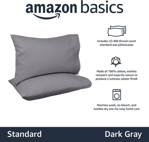 Amazon Basics 400 Thread Count 100% Cotton Pillow Cases, Soft, Wrinkle Resistant, Sateen Weave, Standard Size, 30" x 20", Dark Gray, Set of 2