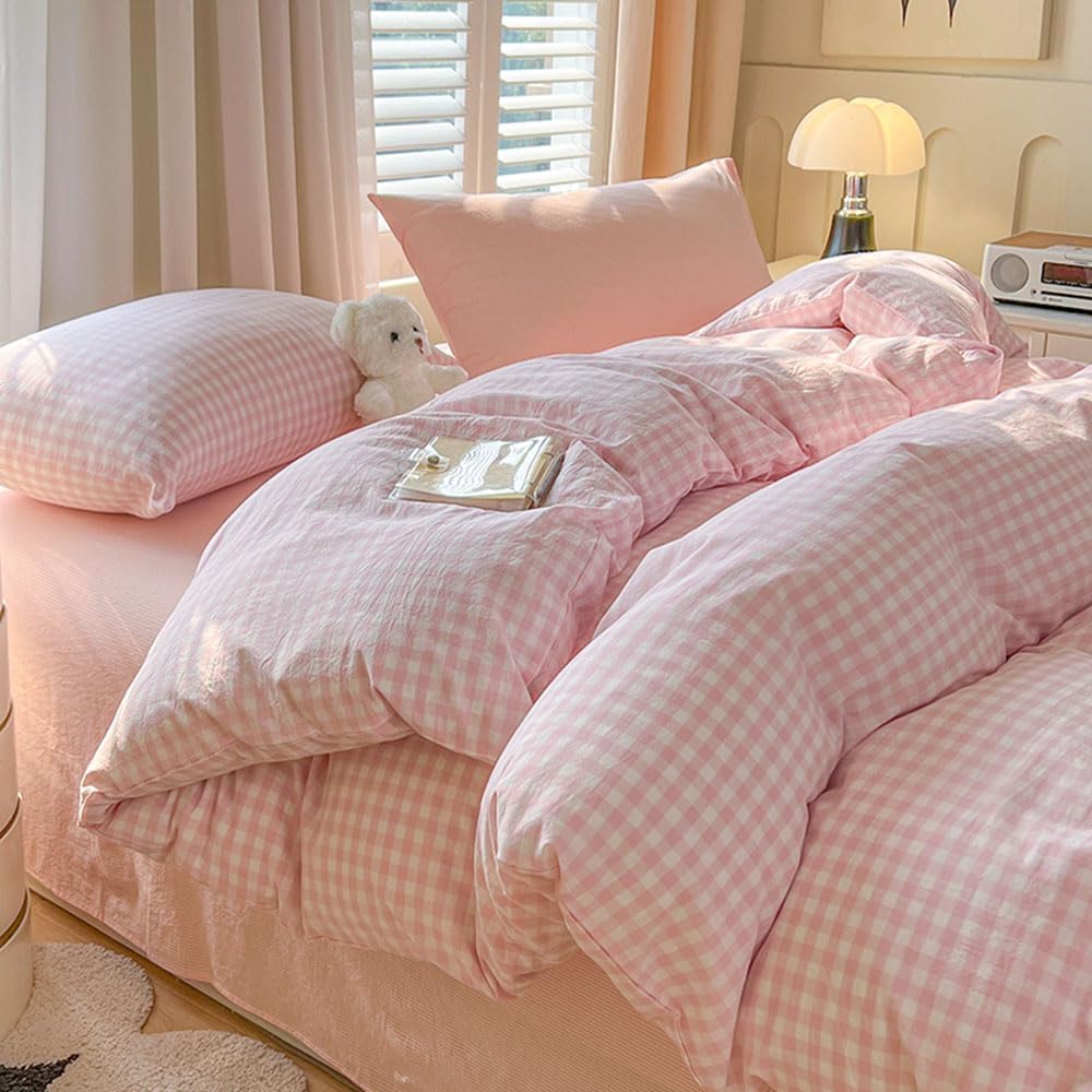 Nayoroom Gingham Duvet Cover Set Queen Pink White Plaid Checkered Bedding
