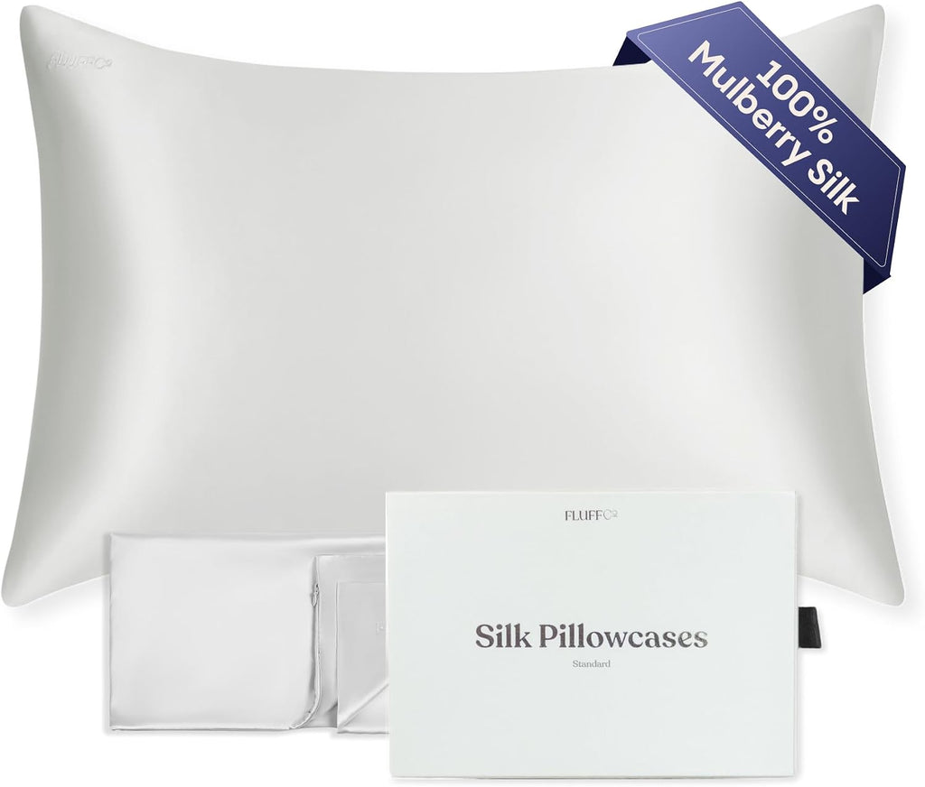 FluffCo 100% Pure Mulberry Silk Pillowcase - Queen 20 x 30 in, Silver