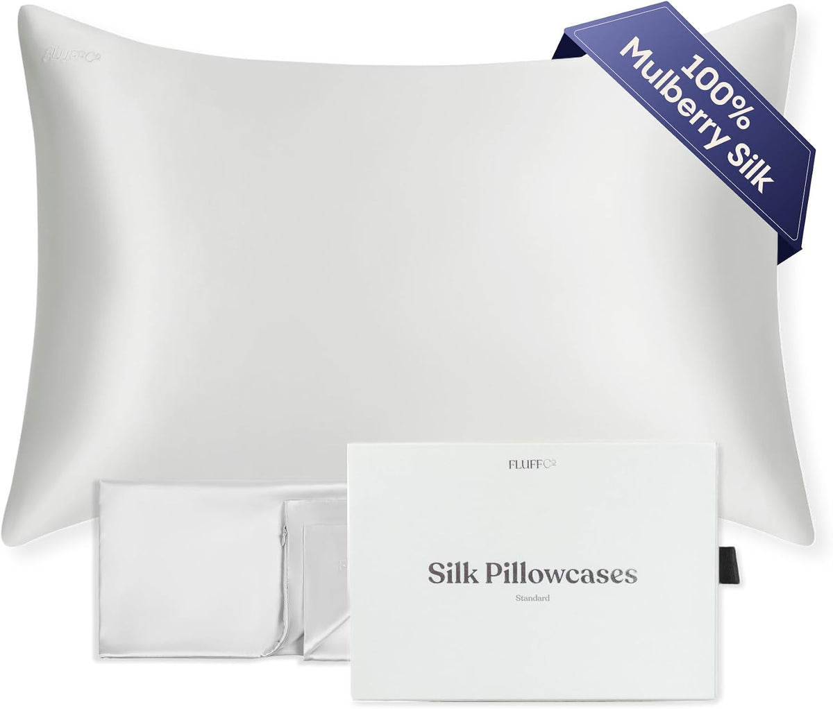 FluffCo 100% Pure Mulberry Silk Pillowcase - Queen 20 x 30 in, Silver