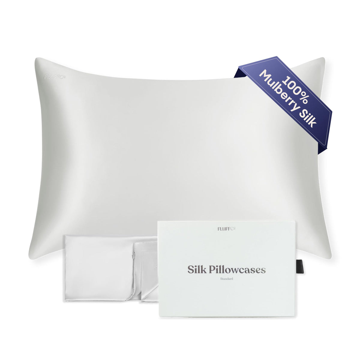 FluffCo 100% Pure Mulberry Silk Pillowcase - Queen 20 x 30 in, Silver