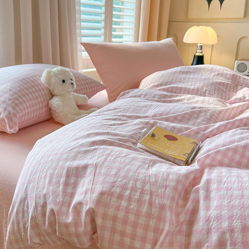 Nayoroom Gingham Duvet Cover Set Queen Pink White Plaid Checkered Bedding