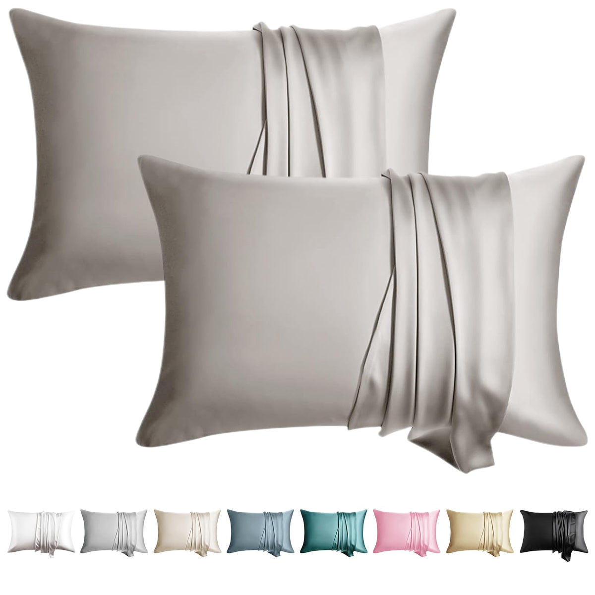 100% Silk Pillow Cases 2 Pack Queen Size Mulberry Silk Pillowcase for Hair and Skin Set of 2 Highest Grade 6A Silk Soft Breathable Cooling with Hidden Zipper, Grey