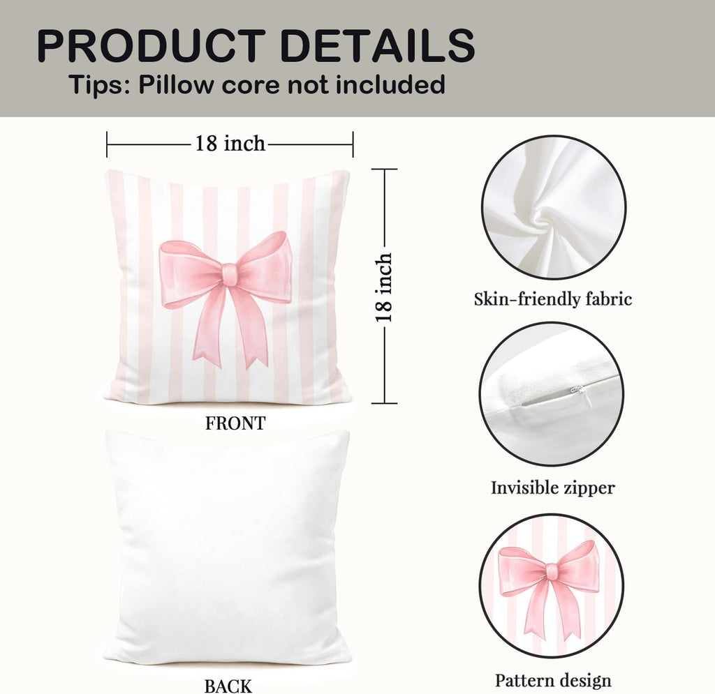 Pink Bow Decorative Throw Pillow 18x18 Inch – Cute Blush Pink Striped Pillow Cover for Girls Room, Baby Nursery, Sofa or Bedroom Decor