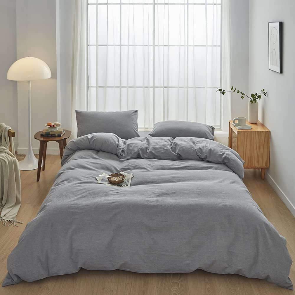 FACE TWO FACE Bedding Duvet Cover Set100% Washed Cotton Duvet Cover Linen Like Textured Breathable Durable Soft Comfy (Full, White)