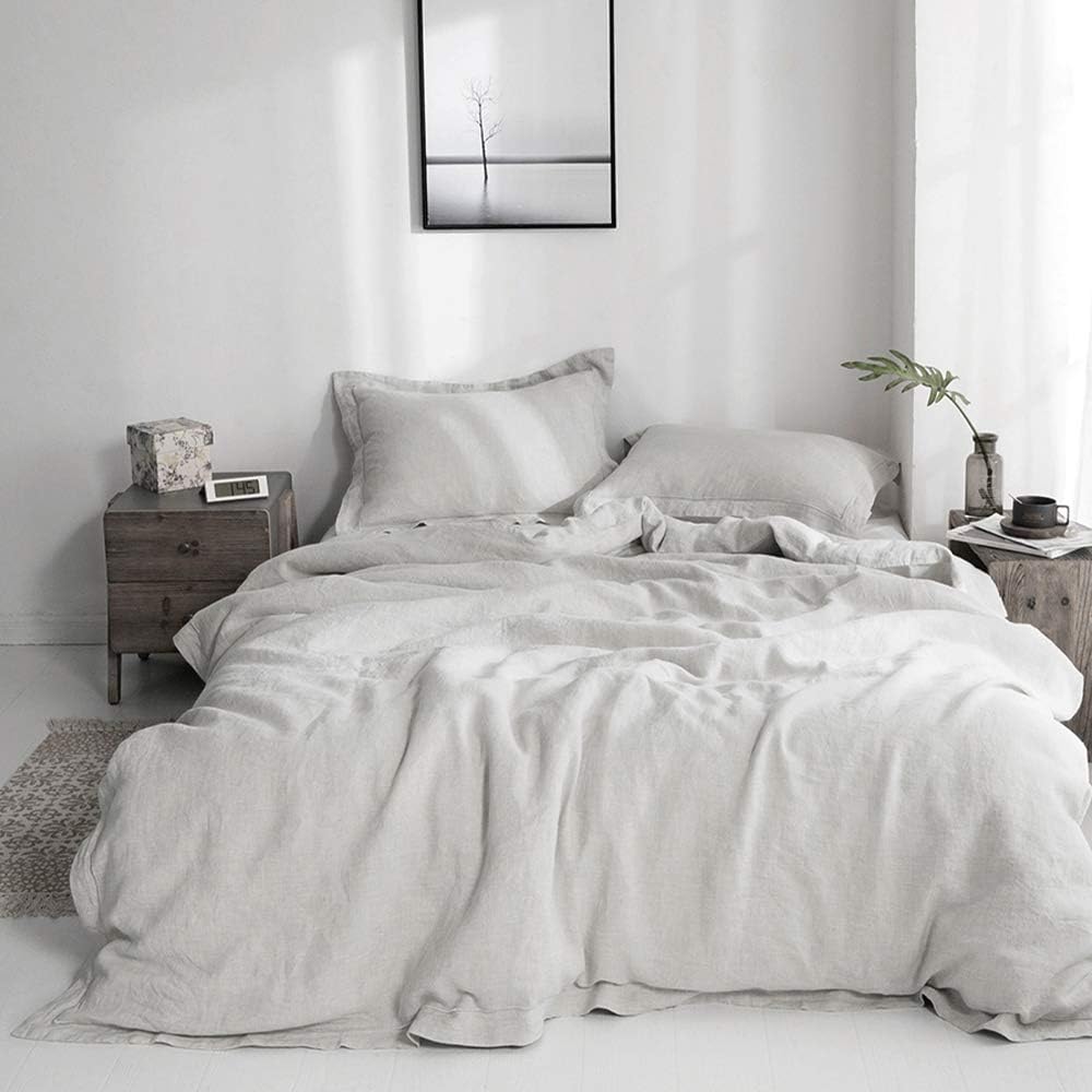 Simple&Opulence 100% French Flax Linen Duvet Cover Set with Embroidery Washed - 3 Pieces (1 Duvet Cover with 2 Pillow Shams) with Button Closure Soft Breathable Farmhouse - Linen, King Size
