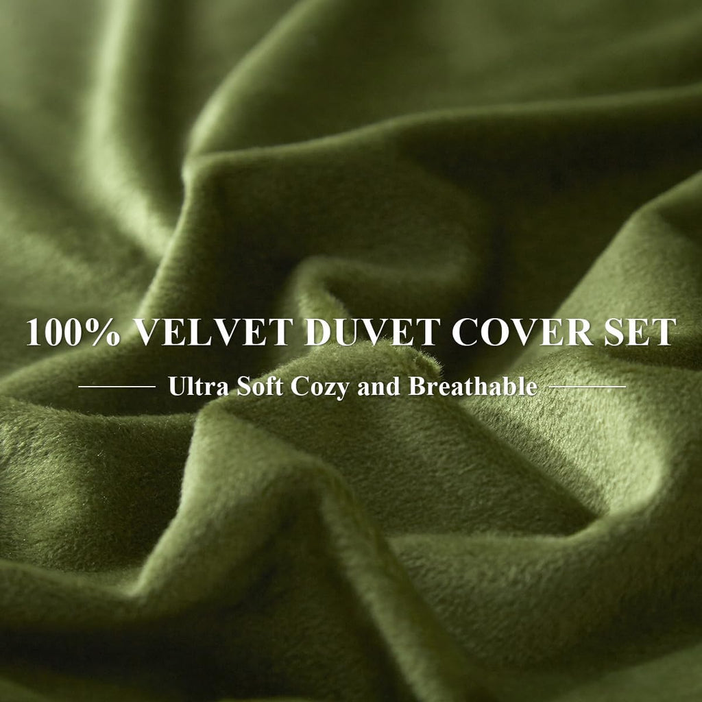 Ivellow Velvet Duvet Cover Queen Set, 3 Pcs Olive Green, Zipper Corner Ties