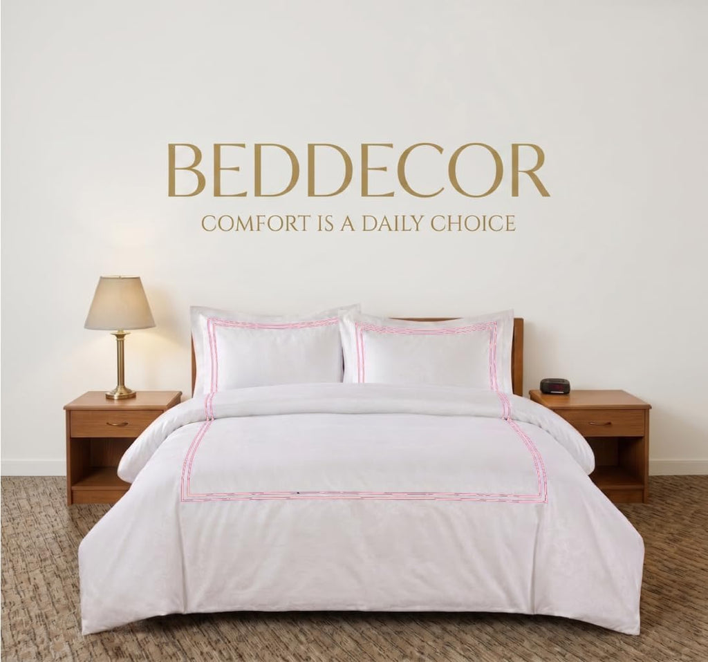 BedDecor Luxury 400-TC Egyptian Cotton 3PC Embroidered Duvet Cover Set with Beautiful 2-Stripe Embroidery(Blush Full/Queen)