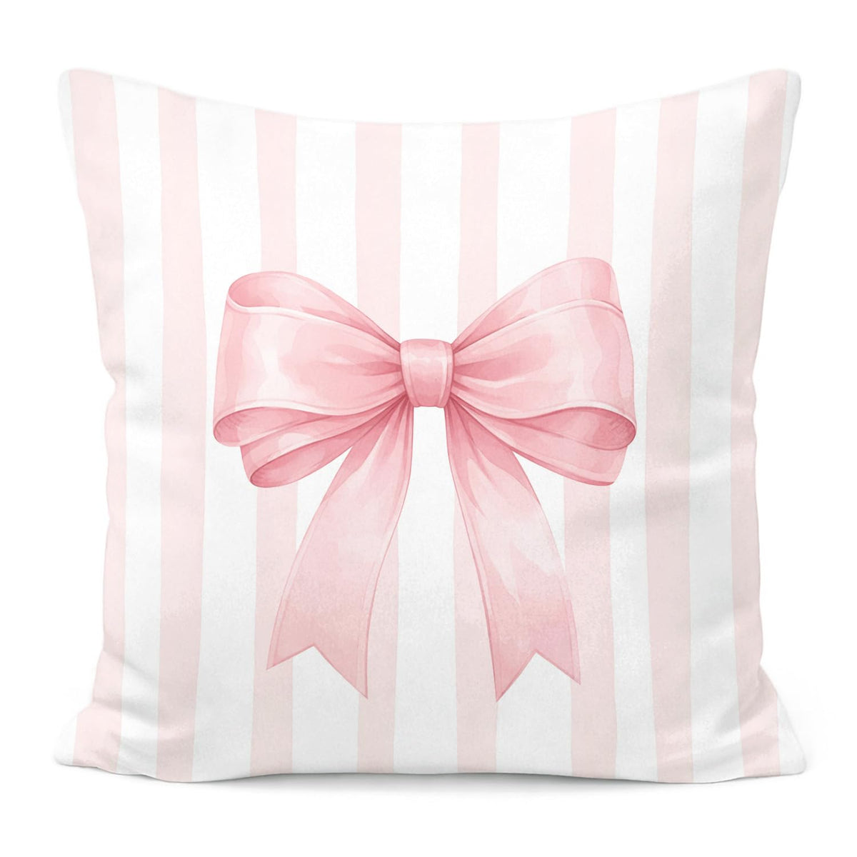 Pink Bow Decorative Throw Pillow 18x18 Inch – Cute Blush Pink Striped Pillow Cover for Girls Room, Baby Nursery, Sofa or Bedroom Decor
