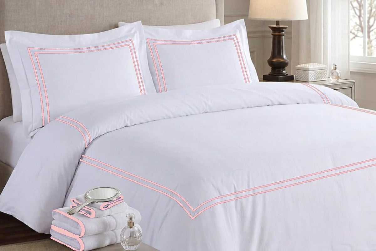 BedDecor Luxury 400-TC Egyptian Cotton 3PC Embroidered Duvet Cover Set with Beautiful 2-Stripe Embroidery(Blush Full/Queen)