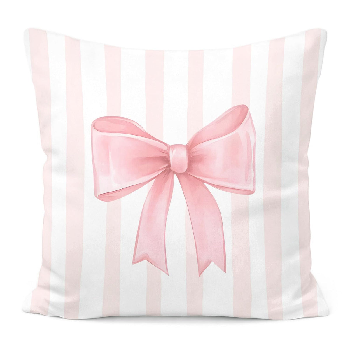 Pink Bow Decorative Throw Pillow 18x18 Inch – Cute Blush Pink Striped Pillow Cover for Girls Room, Baby Nursery, Sofa or Bedroom Decor