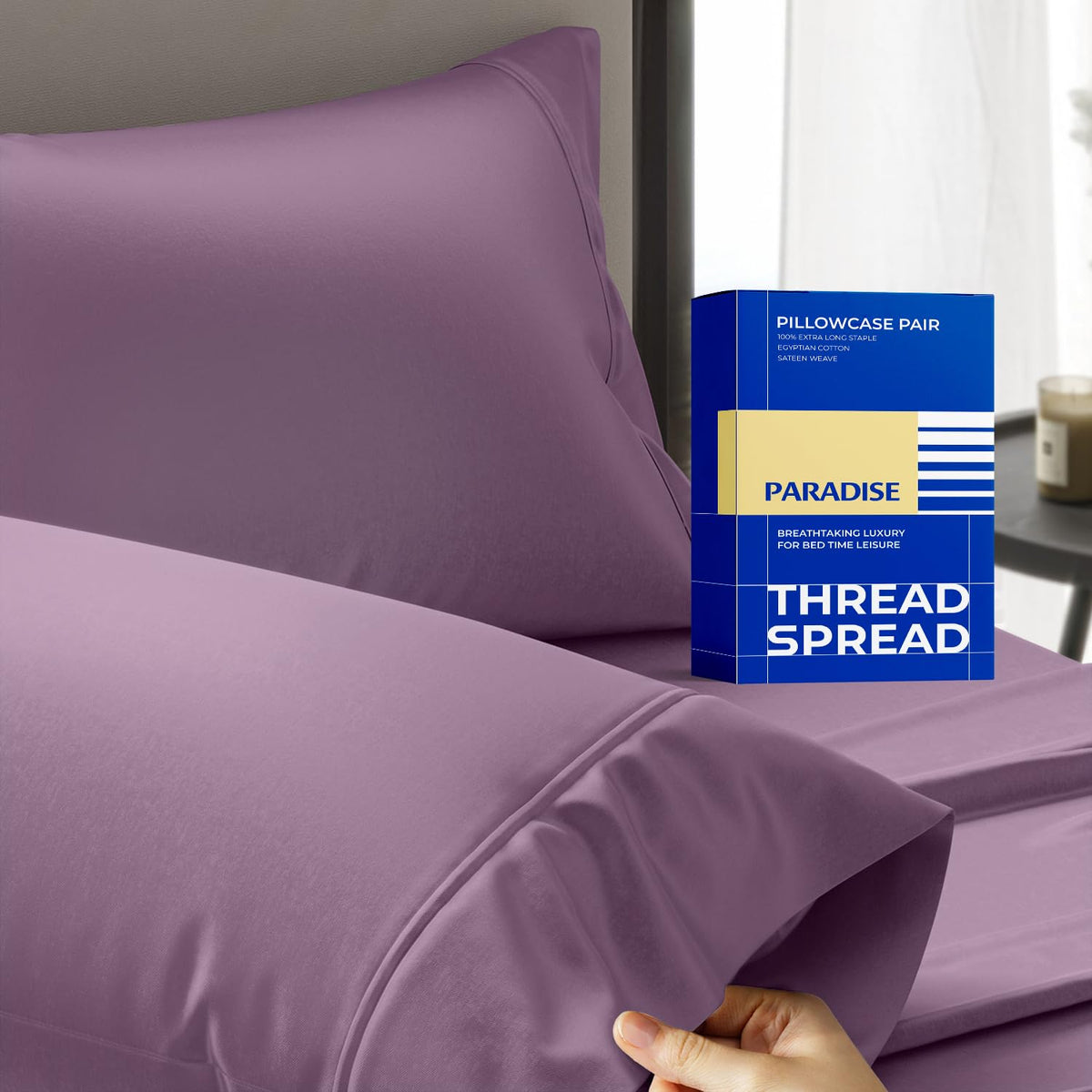 Thread Spread 100% Egyptian Cotton Pillow Cases Queen Size Set of 2 - Luxury 1000 Series Paradise Collection Queen Pillow Cases (White), Soft Cooling Sateen Hotel Egyptian Cotton Pillowcases