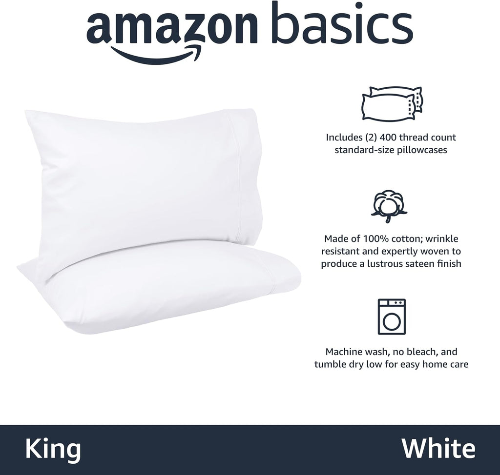 Amazon Basics 400 Thread Count Soft 100% Cotton Pillow Cases, Wrinkle Resistant, Sateen Weave, King Size, 40" x 20", Machine Washable, White, Set of 2, Pillows Not Included