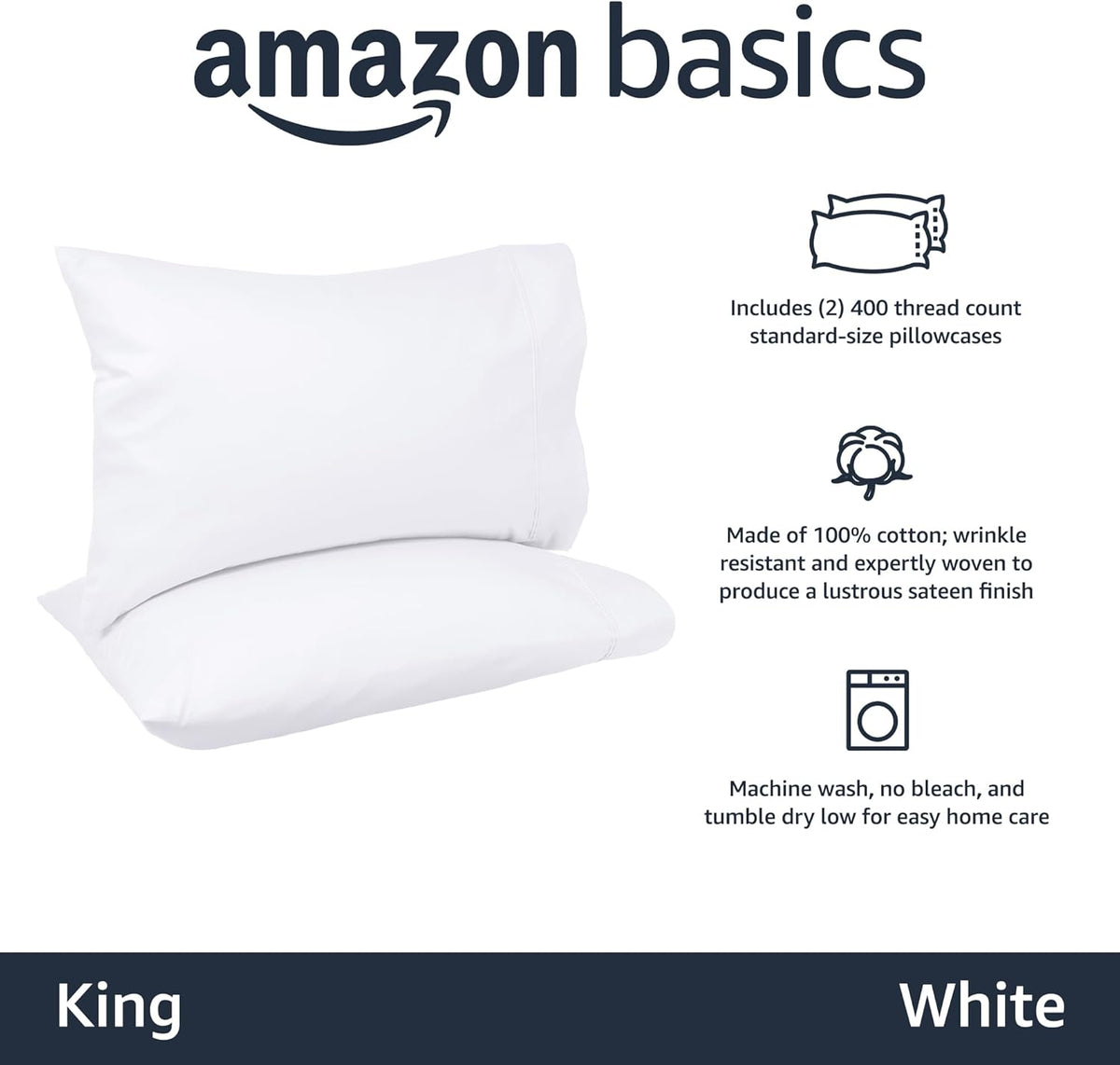 Amazon Basics 400 Thread Count Soft 100% Cotton Pillow Cases, Wrinkle Resistant, Sateen Weave, King Size, 40" x 20", Machine Washable, White, Set of 2, Pillows Not Included
