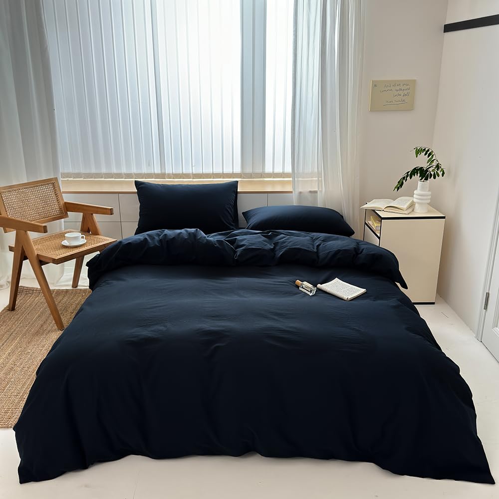 FACE TWO FACE Bedding Duvet Cover Set100% Washed Cotton Duvet Cover Linen Like Textured Breathable Durable Soft Comfy (Full, White)