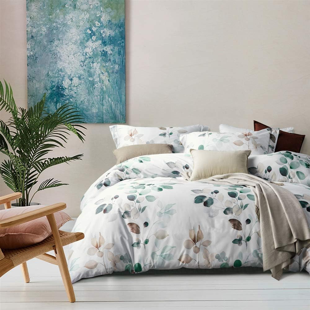 MILDLY White Floral Green Leaves Luxury Duvet Cover Set 3pcs Queen