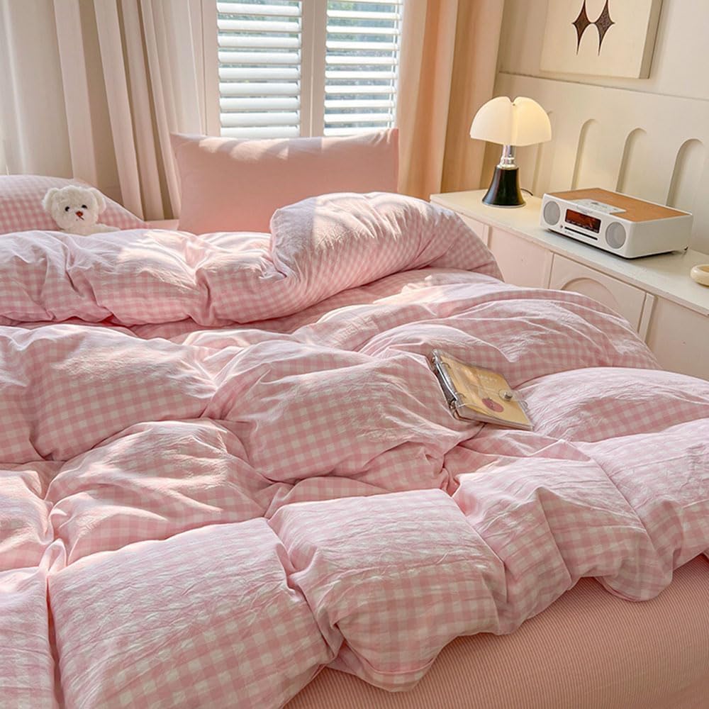 Nayoroom Gingham Duvet Cover Set Queen Pink White Plaid Checkered Bedding