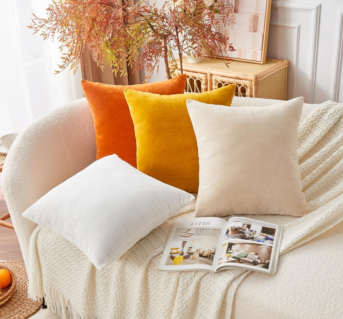 Throw Pillow Covers Mustard Yellow Set of 2 18x18 Inch Fall Pillow Covers, Soft Velvet Farmhouse Neutral Decorative Pillowcases for Couch Sofa Bed, Home Boho Decor, Modern Cushion Covers