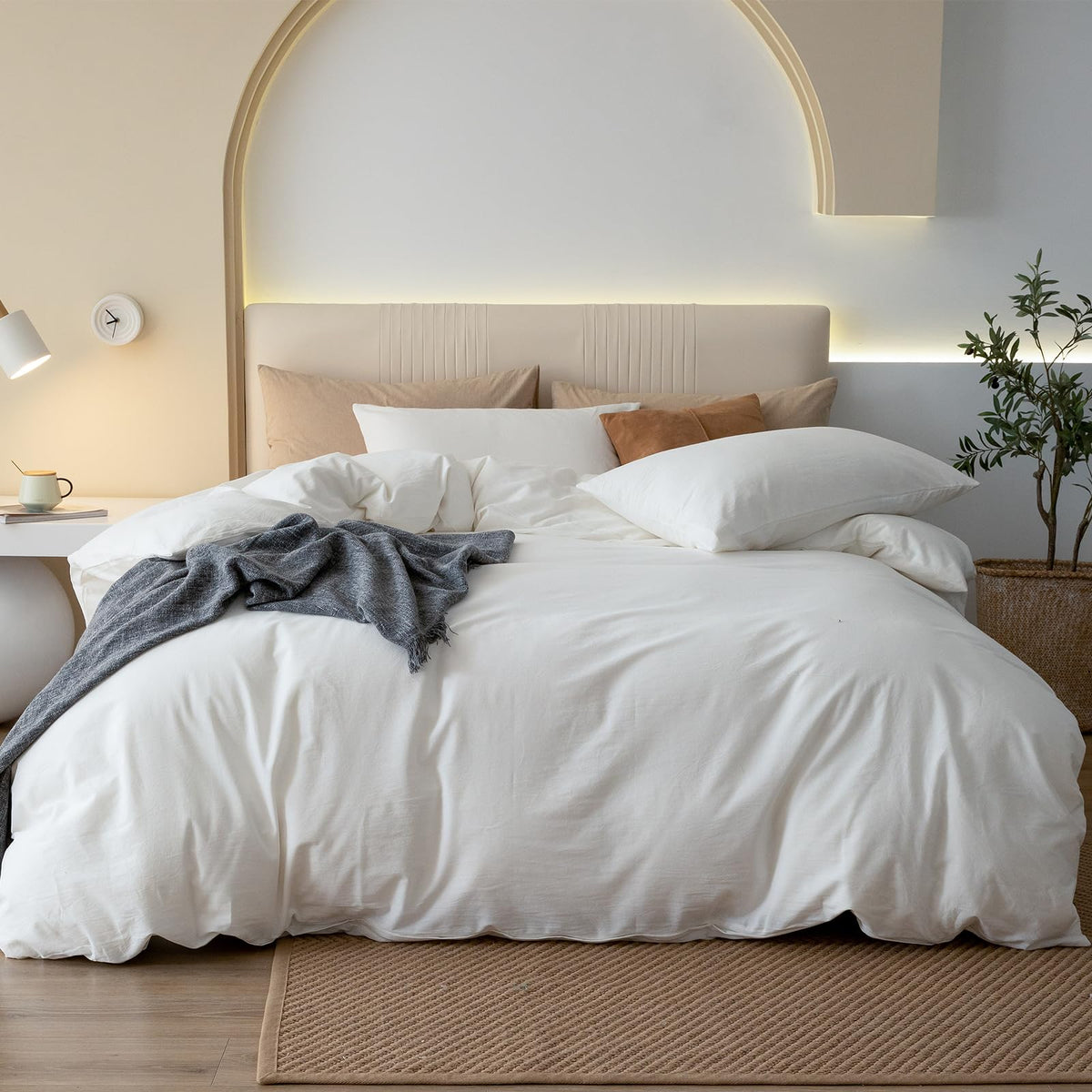 JIYUAN Queen Washed Cotton Duvet Cover Set, 3-Piece, Relaxed Linen Feel