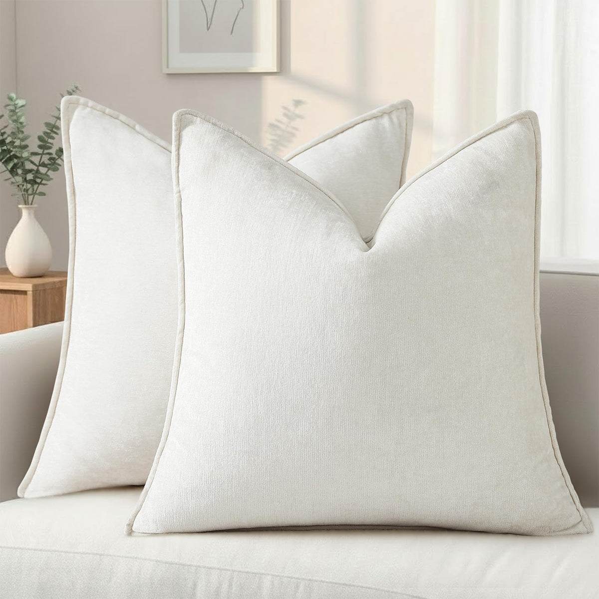 decorUhome Chenille Beige Velvet Throw Pillow Covers 20x20 Set of 2